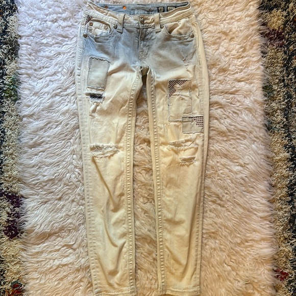 Miss Me Denim - Miss Me Signature Skinny Low Rise Distressed, Patches Jeans, Size 27x31